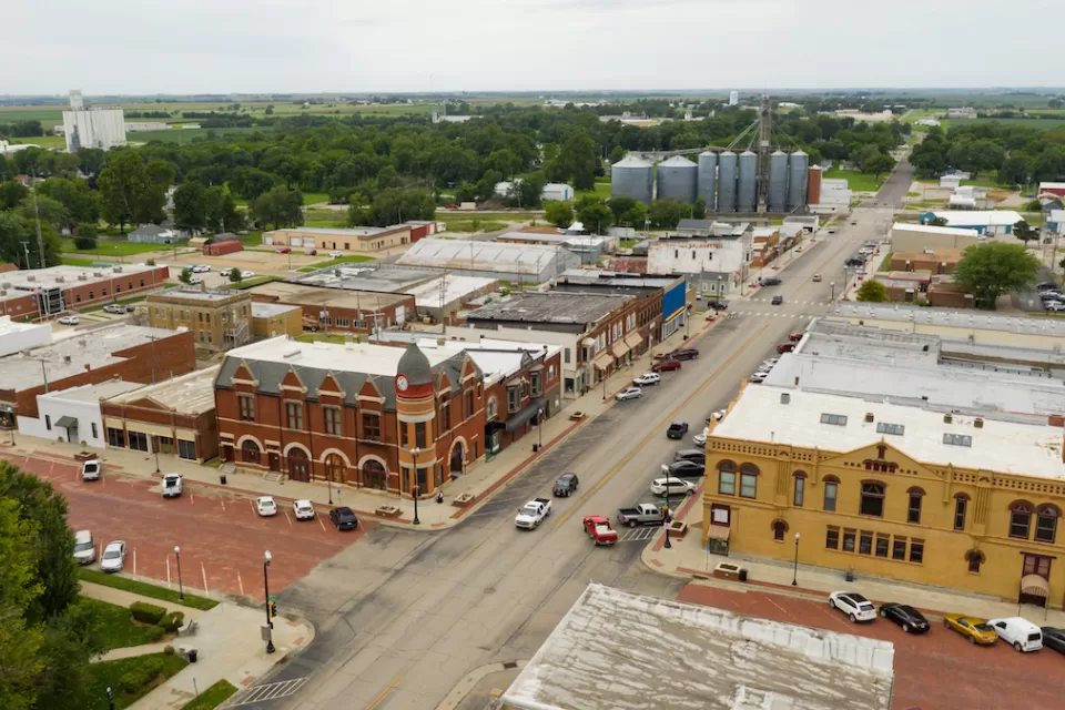 Aerial view of small town of Hiawatha, Kansas
